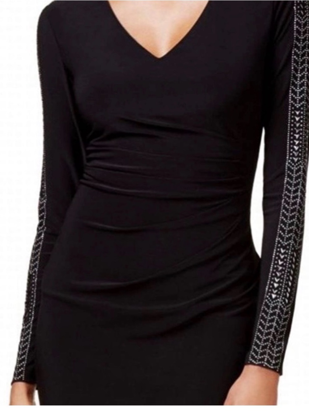 Guess Black Long-Sleeve V-Neck Dress with Gold Embellished Sleeves - Picture 3 of 6